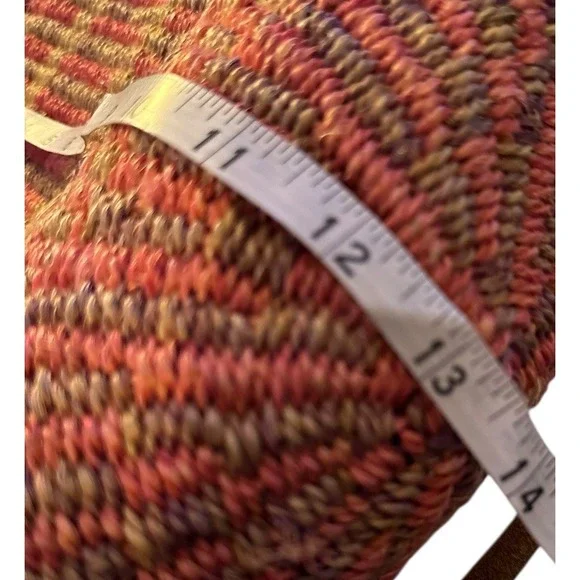 Vintage Woven Sisal Market Tote Bucket Bag Leather Straps Round Striped Boho